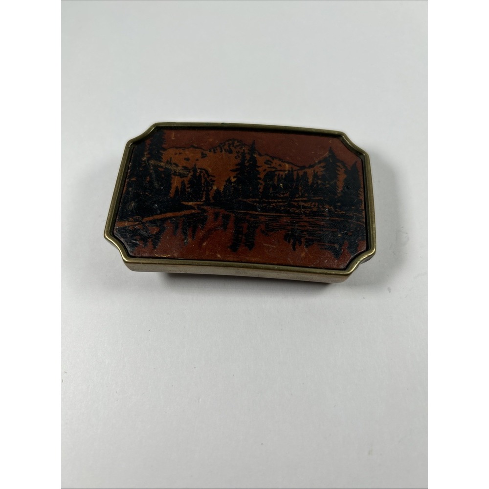 Vintage Solid Brass Leather‎ Mountain Landscape Belt Buckle Made USA